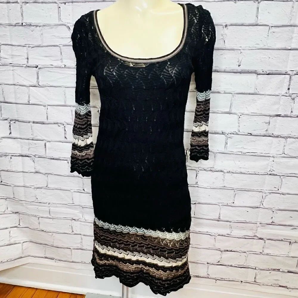 Missoni Womens Black Italian 3/4 Sleeve Knit A-Line Midi Dress Size 40